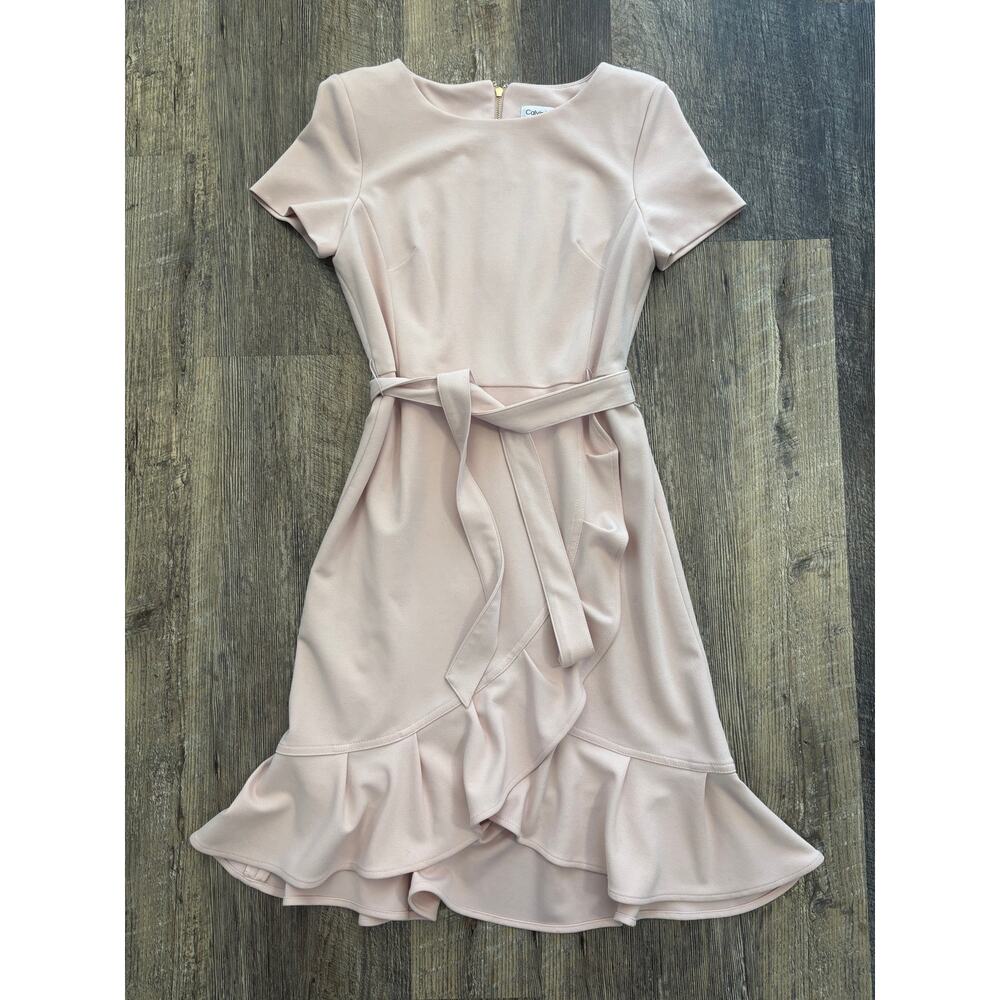 Calvin Klein Womens Blush Pink Ruffle Hem Belted Sheath Dress Size 6 CD8C16XW